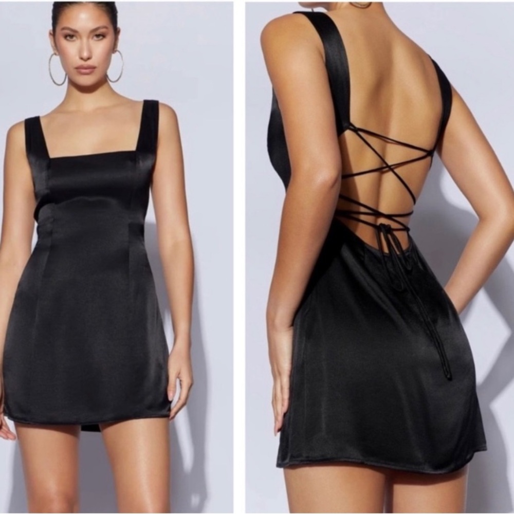 Meshki Carina Tie Back Black Mini Slip Dress
